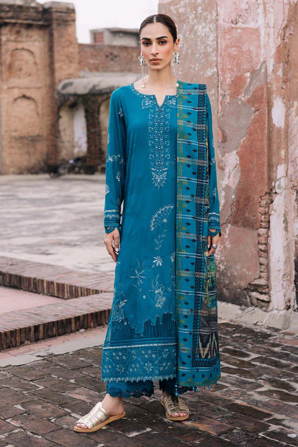 Stitched Nureh Teal Blue Embroidered Linen 3PC Suit Pakistanimoda