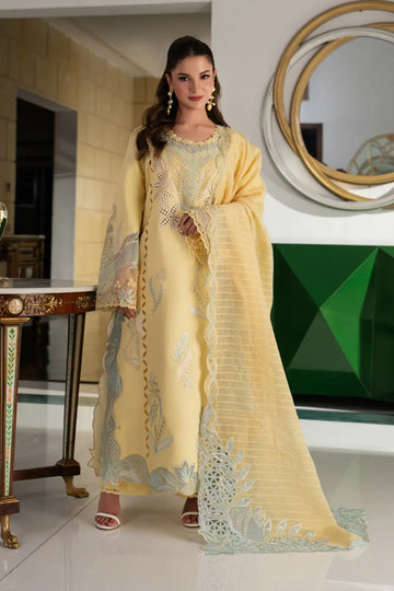 Nadia Lemon Zest embroidered lawn Eid outfit by Rang Rasiya Carnation Eid Edit 2026 with textured dupatta