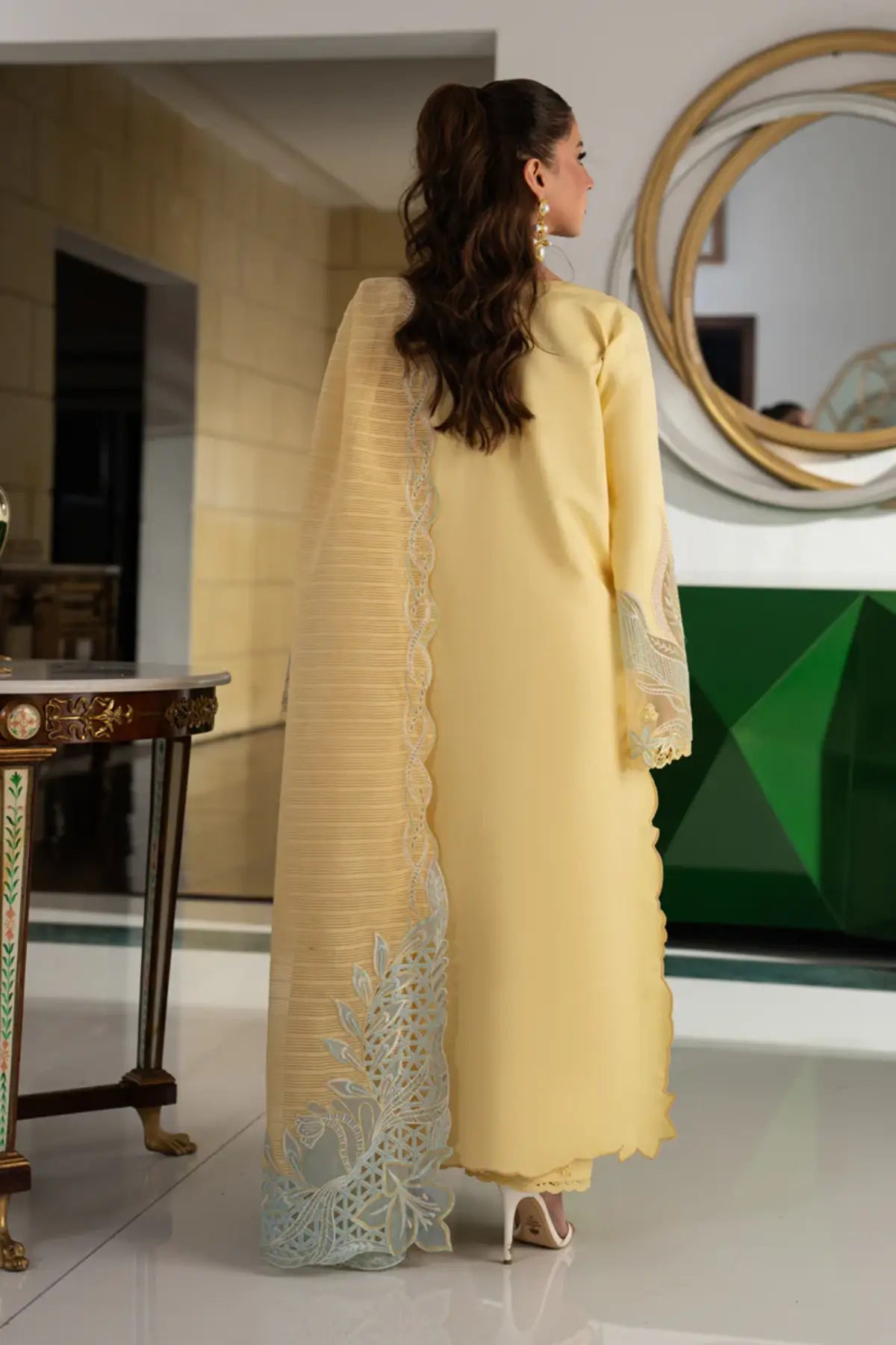 Nadia Lemon Zest embroidered lawn Eid outfit by Rang Rasiya Carnation Eid Edit 2026 with textured dupatta