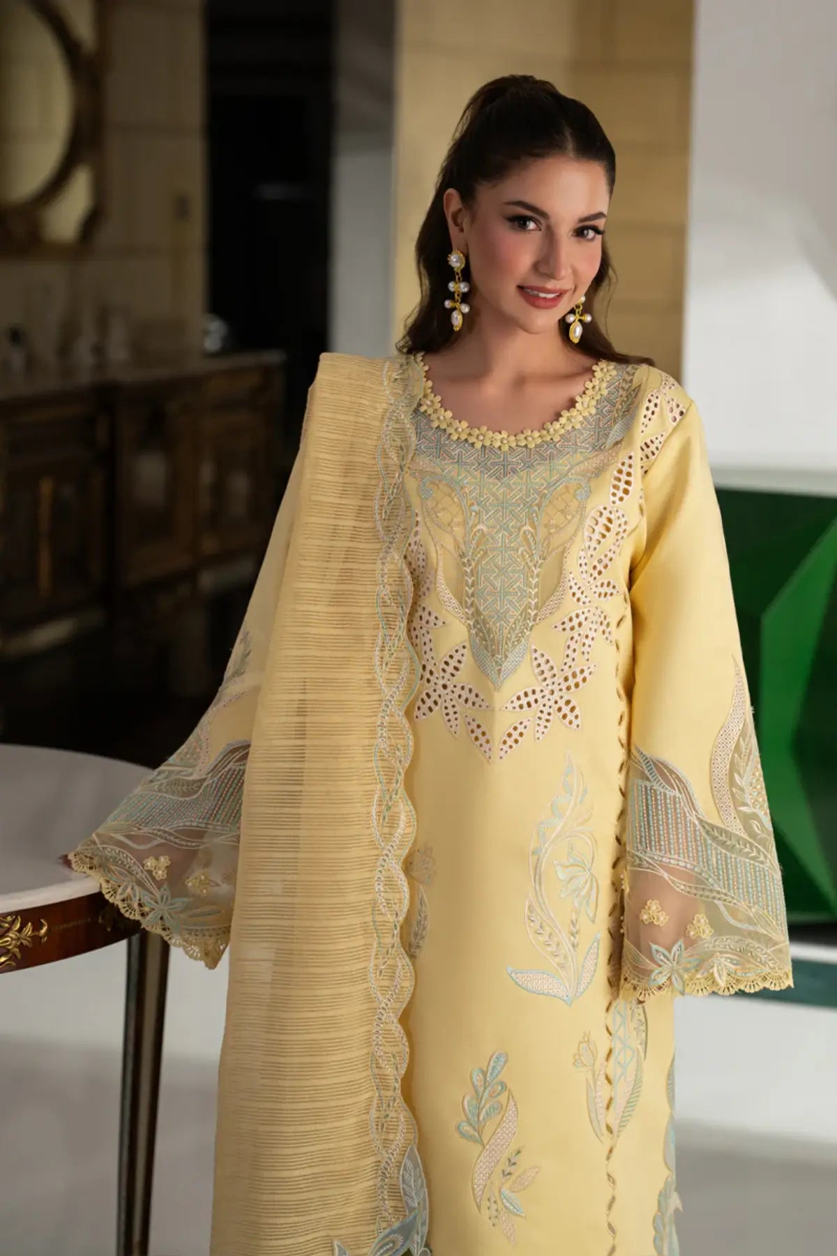 Nadia Lemon Zest embroidered lawn Eid outfit by Rang Rasiya Carnation Eid Edit 2026 with textured dupatta