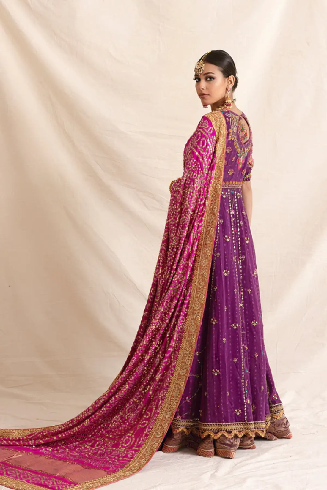 Nadira Purple Zardozi Cotton Net Pishwas with Intricate Embellishments, Silk Lehenga and Contrasting Orange Lame Dupatta