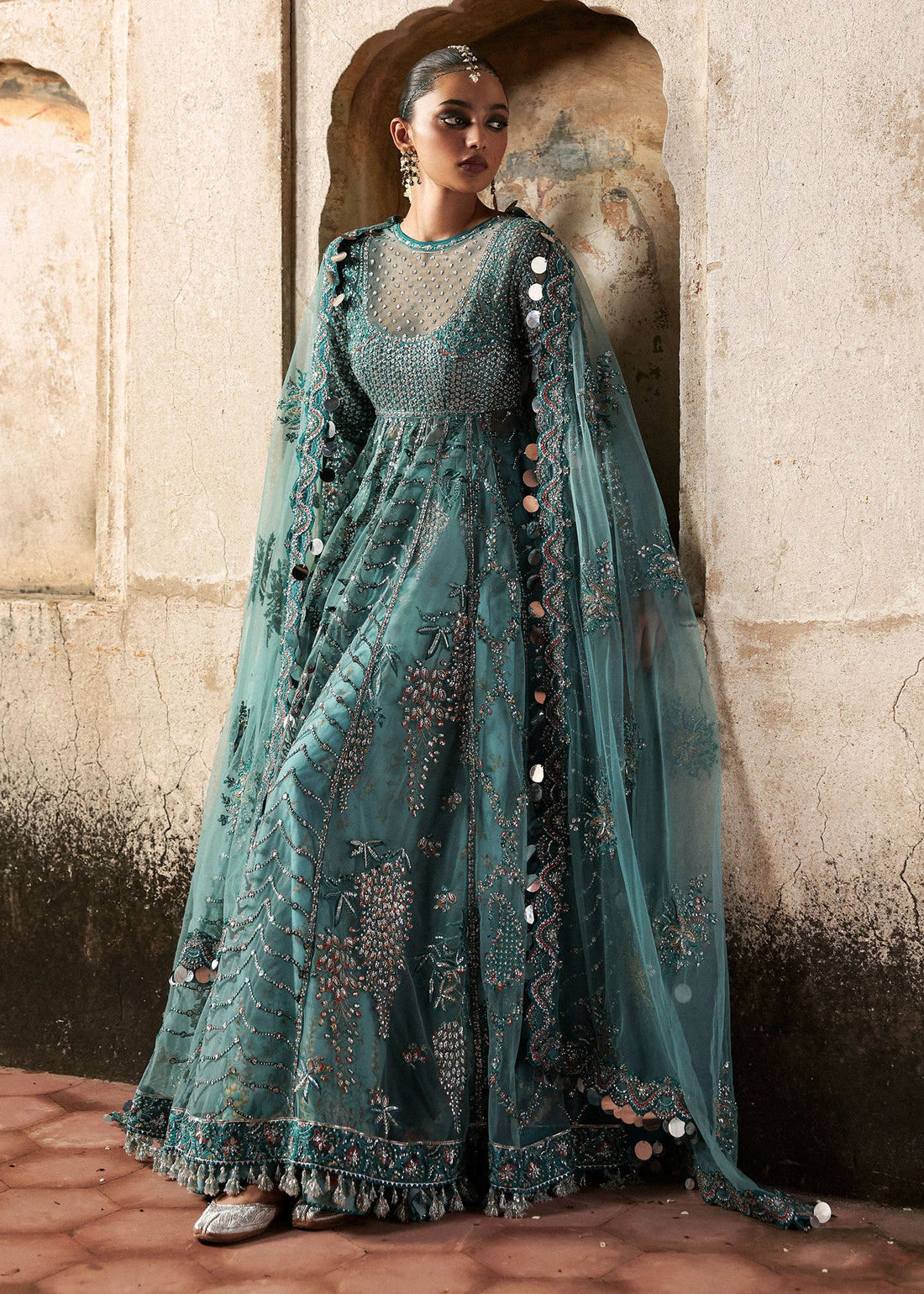 Luxury Nagma Ice Blue Net Pishwas with embroidered dupatta and Korean raw silk lehnga – Hussain Rehar Massarat Festive 2025 stitched outfit online.