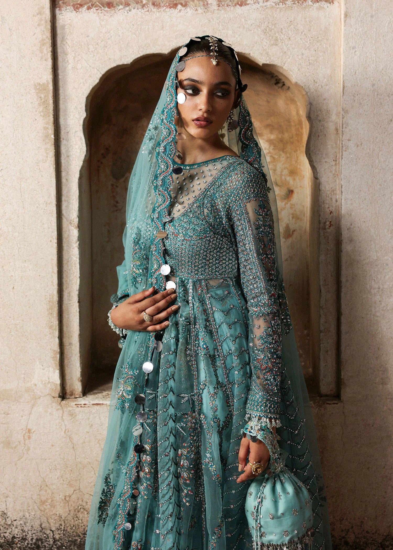 Luxury Nagma Ice Blue Net Pishwas with embroidered dupatta and Korean raw silk lehnga – Hussain Rehar Massarat Festive 2025 stitched outfit online.