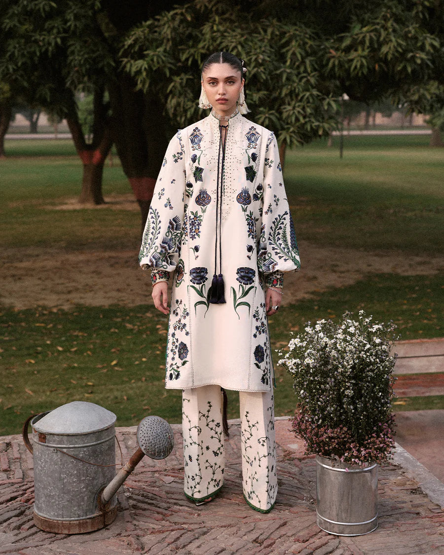 Stitched Jugnu Lahore Nahro Ivory Khaddar 3pc with floral embroidery and wool shawl, available for Canada delivery at Pakistanimoda.