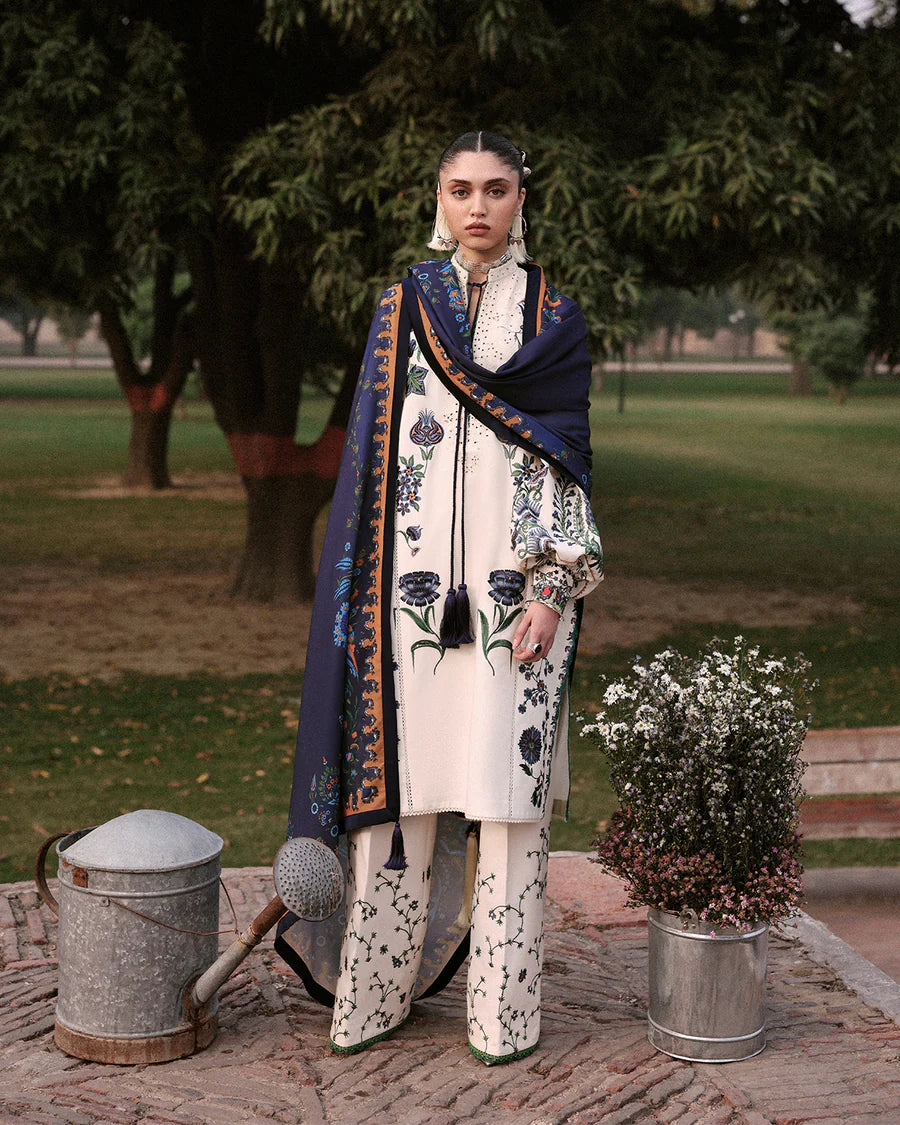Stitched Jugnu Lahore Nahro Ivory Khaddar 3pc with floral embroidery and wool shawl, available for Canada delivery at Pakistanimoda.