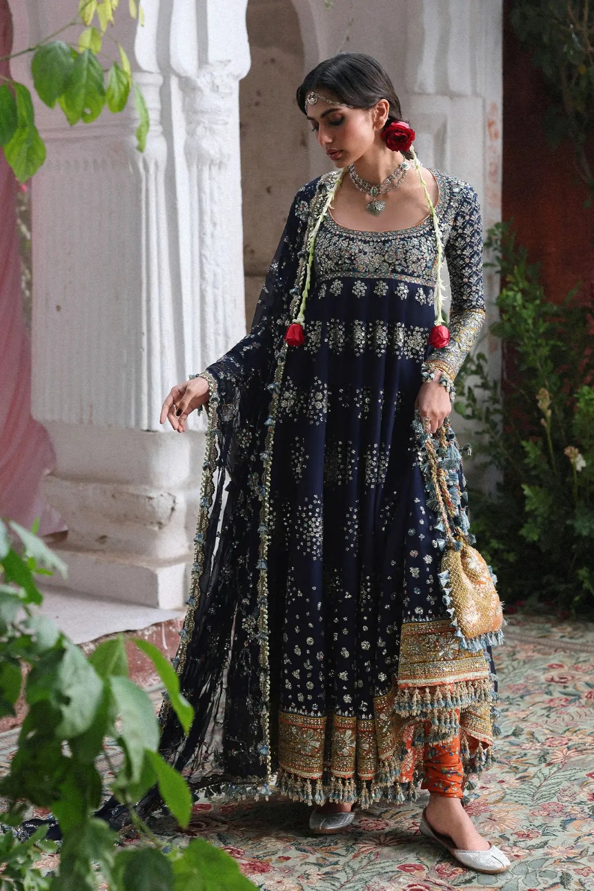 Pakistanimoda Nain Tara Hussain Rehar navy blue stitched Korean raw silk pishwas 3PC chiffon dupatta worldwide delivery