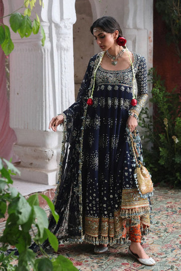 Pakistanimoda Nain Tara Hussain Rehar navy blue stitched Korean raw silk pishwas 3PC chiffon dupatta worldwide delivery