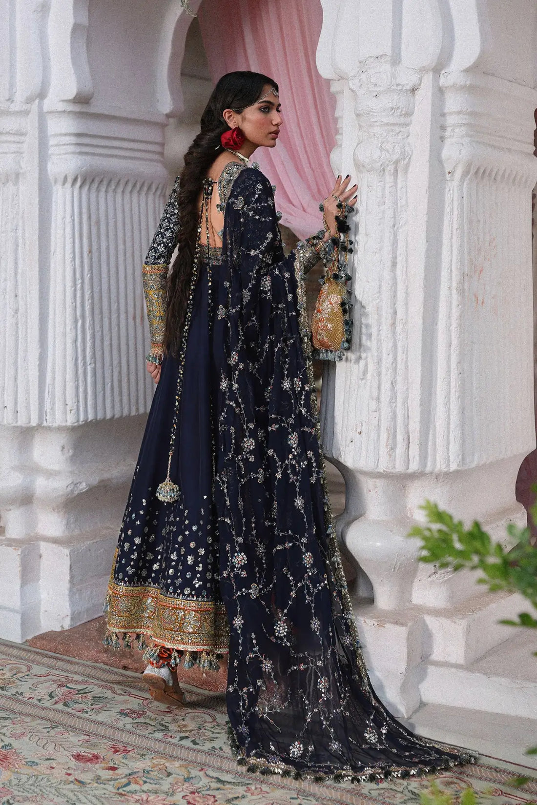 Pakistanimoda Nain Tara Hussain Rehar navy blue stitched Korean raw silk pishwas 3PC chiffon dupatta worldwide delivery