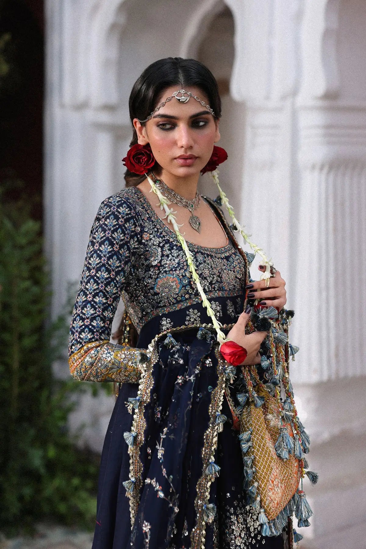 Pakistanimoda Nain Tara Hussain Rehar navy blue stitched Korean raw silk pishwas 3PC chiffon dupatta worldwide delivery