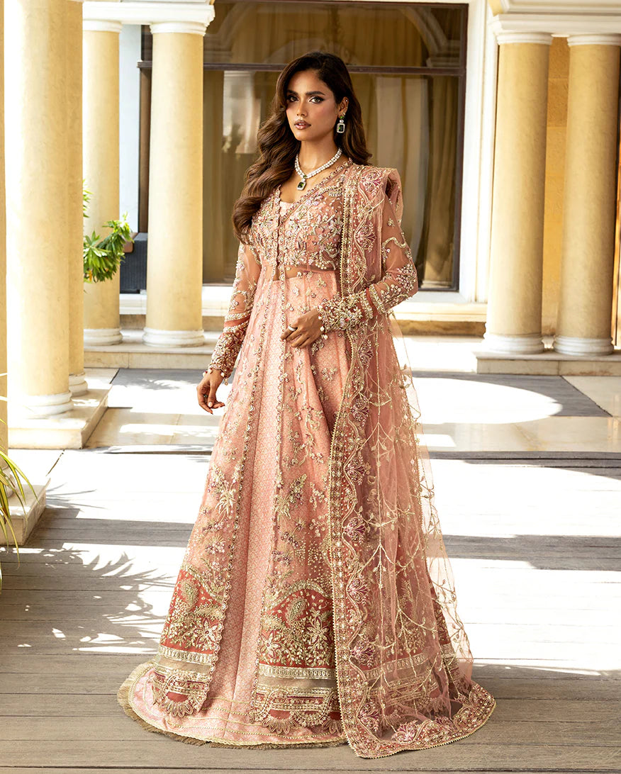 Naina peach embroidered net gown with matching net dupatta and jamawar lehenga from Mushq Darlings Wedding Collection at Pakistanimoda.