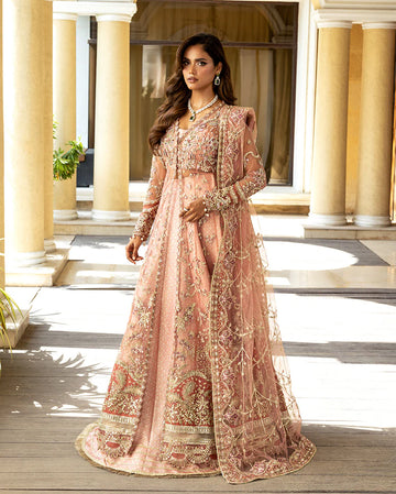 Naina peach embroidered net gown with matching net dupatta and jamawar lehenga from Mushq Darlings Wedding Collection at Pakistanimoda.