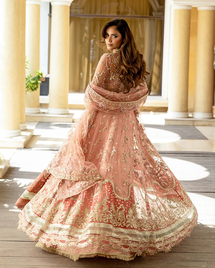 Naina peach embroidered net gown with matching net dupatta and jamawar lehenga from Mushq Darlings Wedding Collection at Pakistanimoda.