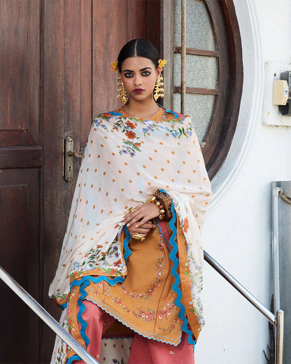 Nal- Mustard Embroidered Ensemble By- Hussain Rehar