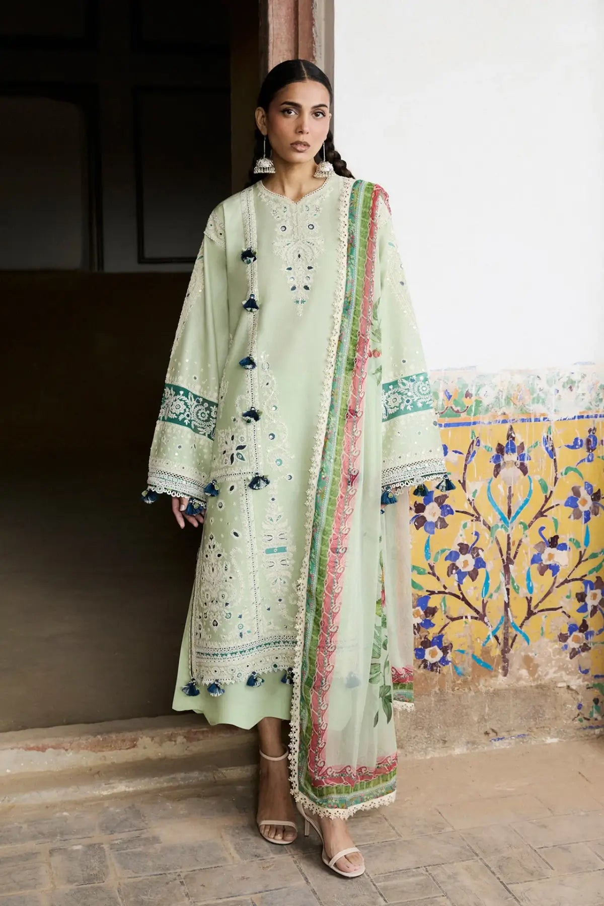 Nane mint green embroidered lawn stitched 3PC suit with chiffon dupatta by Hussain Rehar Pakistanimoda
