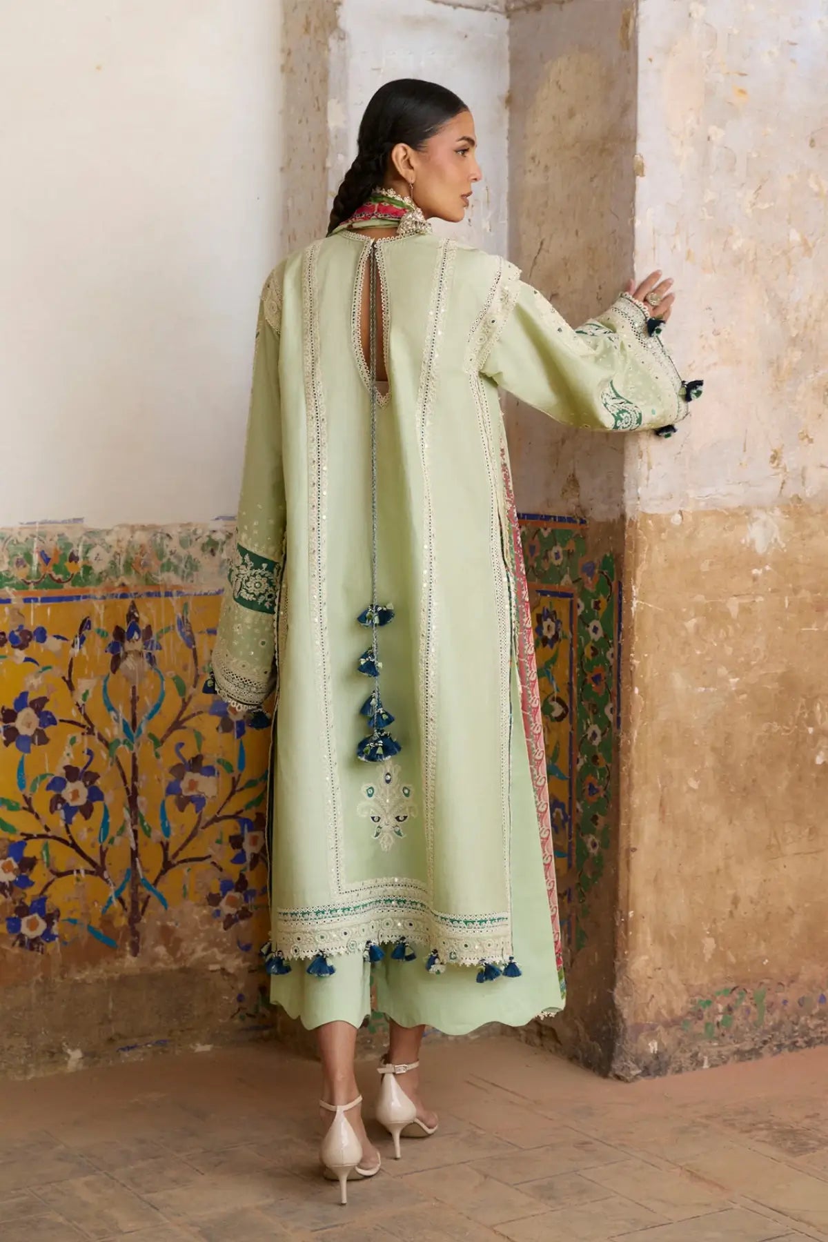 Nane mint green embroidered lawn stitched 3PC suit with chiffon dupatta by Hussain Rehar Pakistanimoda