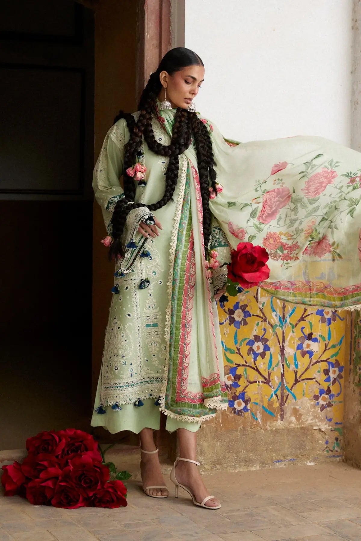 Nane mint green embroidered lawn stitched 3PC suit with chiffon dupatta by Hussain Rehar Pakistanimoda
