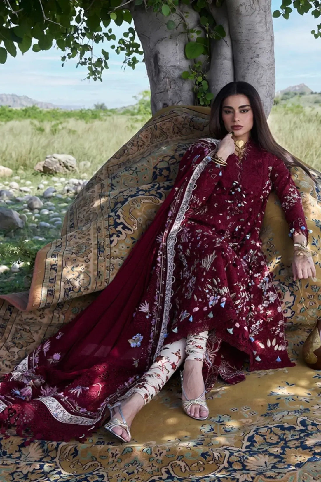 Narevi maroon luxury Lawn Eid stitched 3PC suit by Suffuse with chiffon dupatta