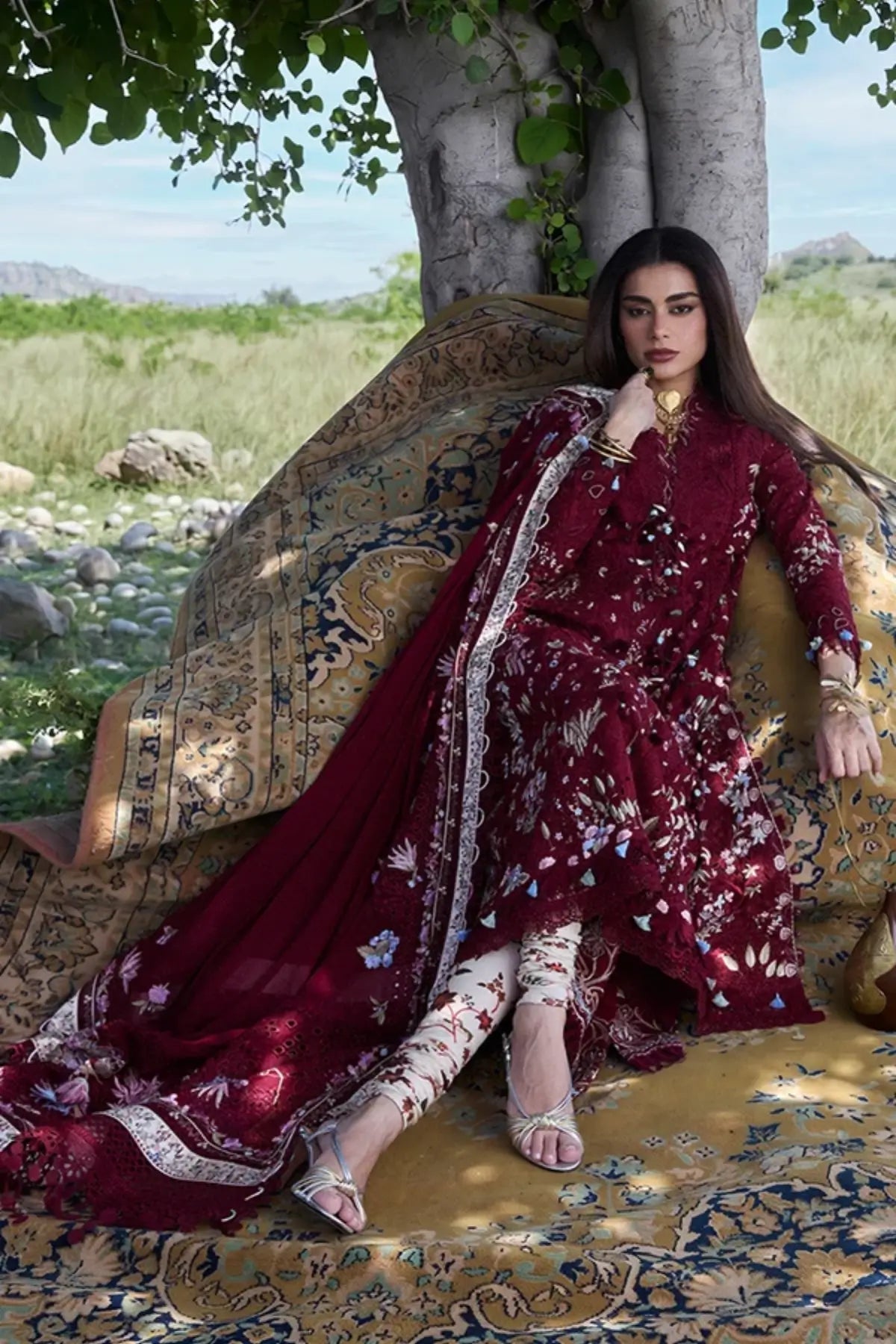 Narevi maroon luxury Lawn Eid stitched 3PC suit by Suffuse with chiffon dupatta