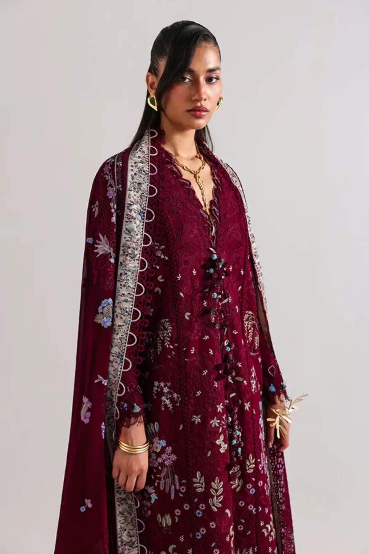 Narevi maroon luxury Lawn Eid stitched 3PC suit by Suffuse with chiffon dupatta