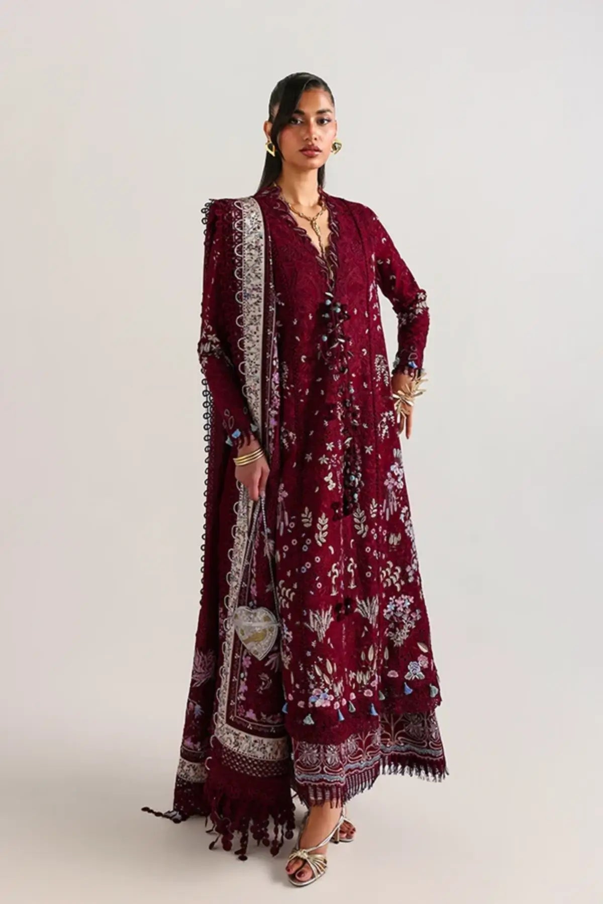 Narevi maroon luxury Lawn Eid stitched 3PC suit by Suffuse with chiffon dupatta