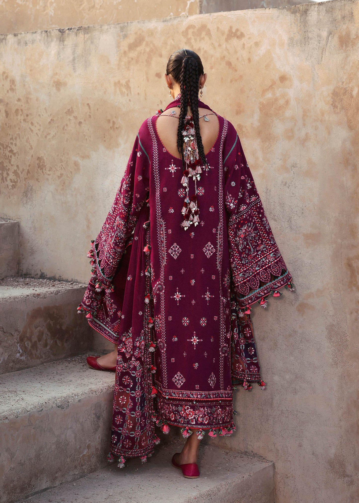 Nargis Hot Pink Karandi Suit with Black Embroidered Shawl by Hussain Rehar | pakistanimoda.com
