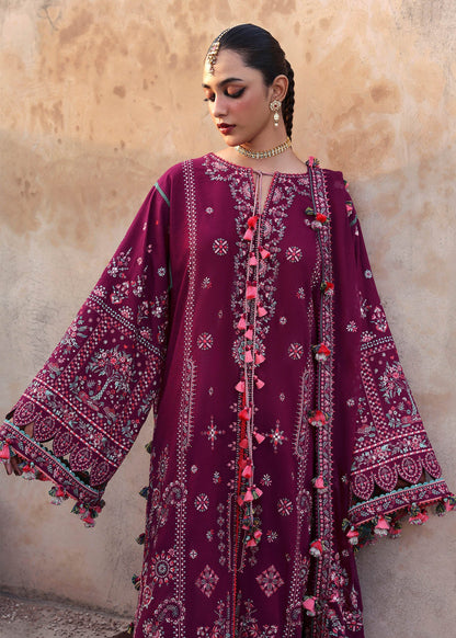 Nargis Hot Pink Karandi Suit with Black Embroidered Shawl by Hussain Rehar | pakistanimoda.com