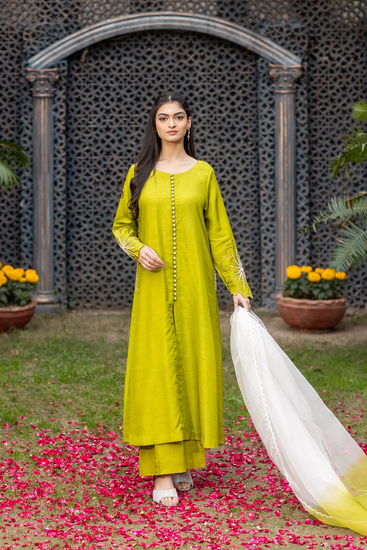 Nargis lime green Korean raw silk 3PC Eid Edit 2026 with pearl work by MariamRaj
