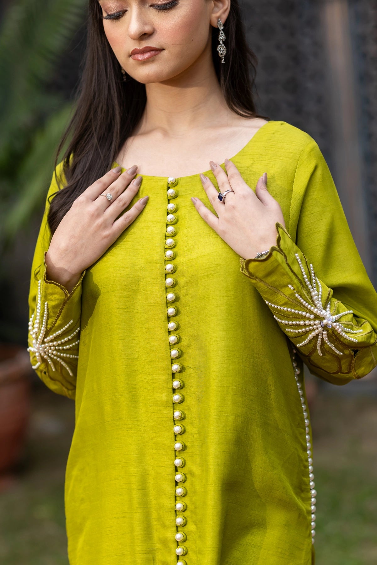 Nargis lime green Korean raw silk 3PC Eid Edit 2026 with pearl work by MariamRaj