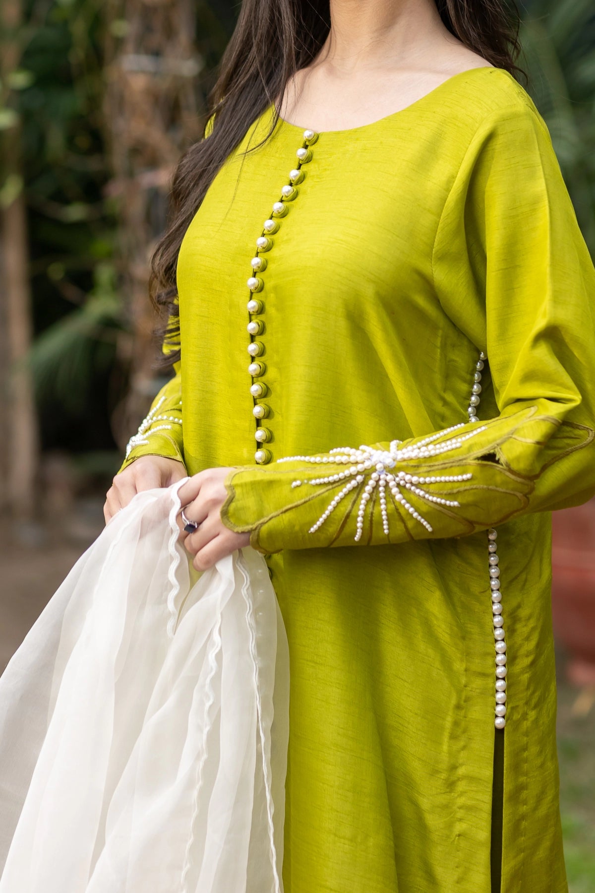 Nargis lime green Korean raw silk 3PC Eid Edit 2026 with pearl work by MariamRaj