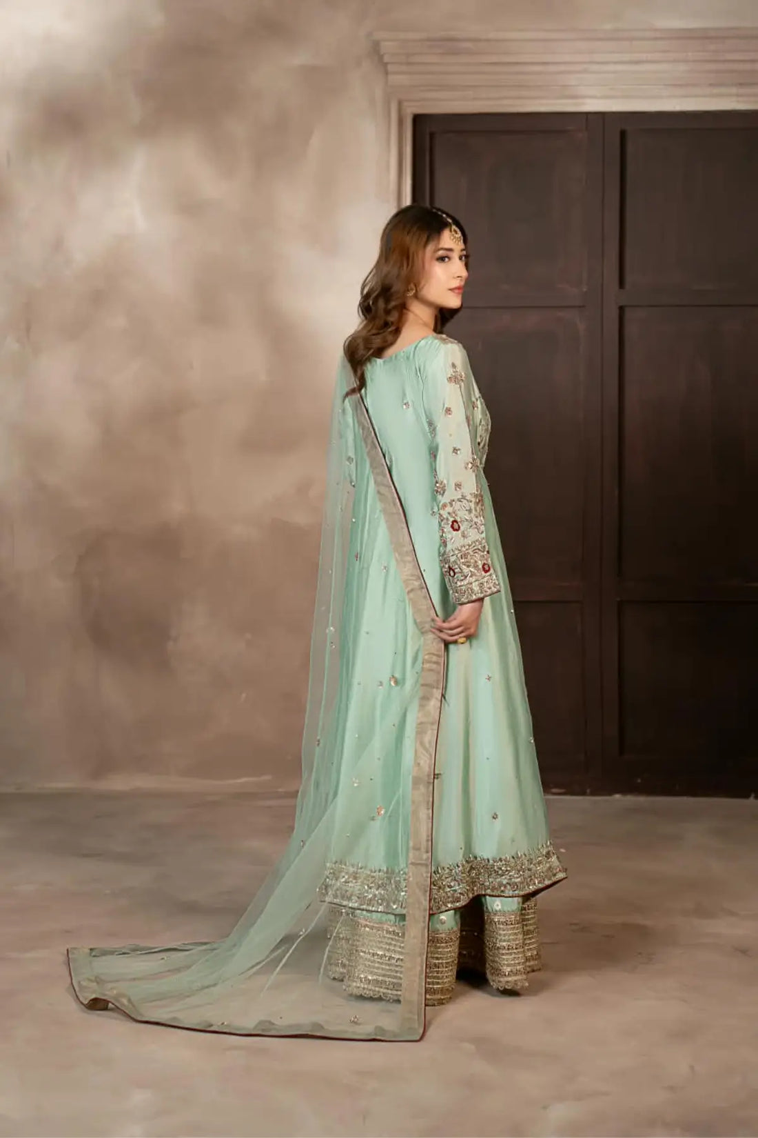 Narmeen mint green handworked Tassel silk Angrakha wedding dress with Jamawar palazzo and organza dupatta by MariamRaj
