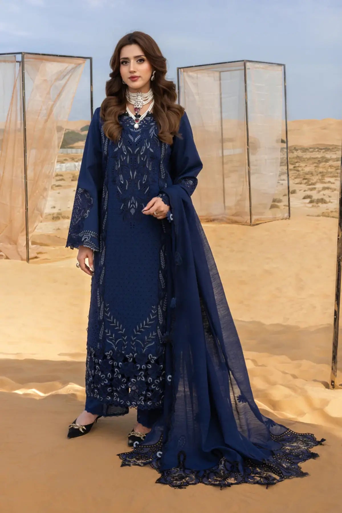 Midnight blue embroidered lawn outfit Natalia by Rang Rasiya stitched version Pakistanimoda