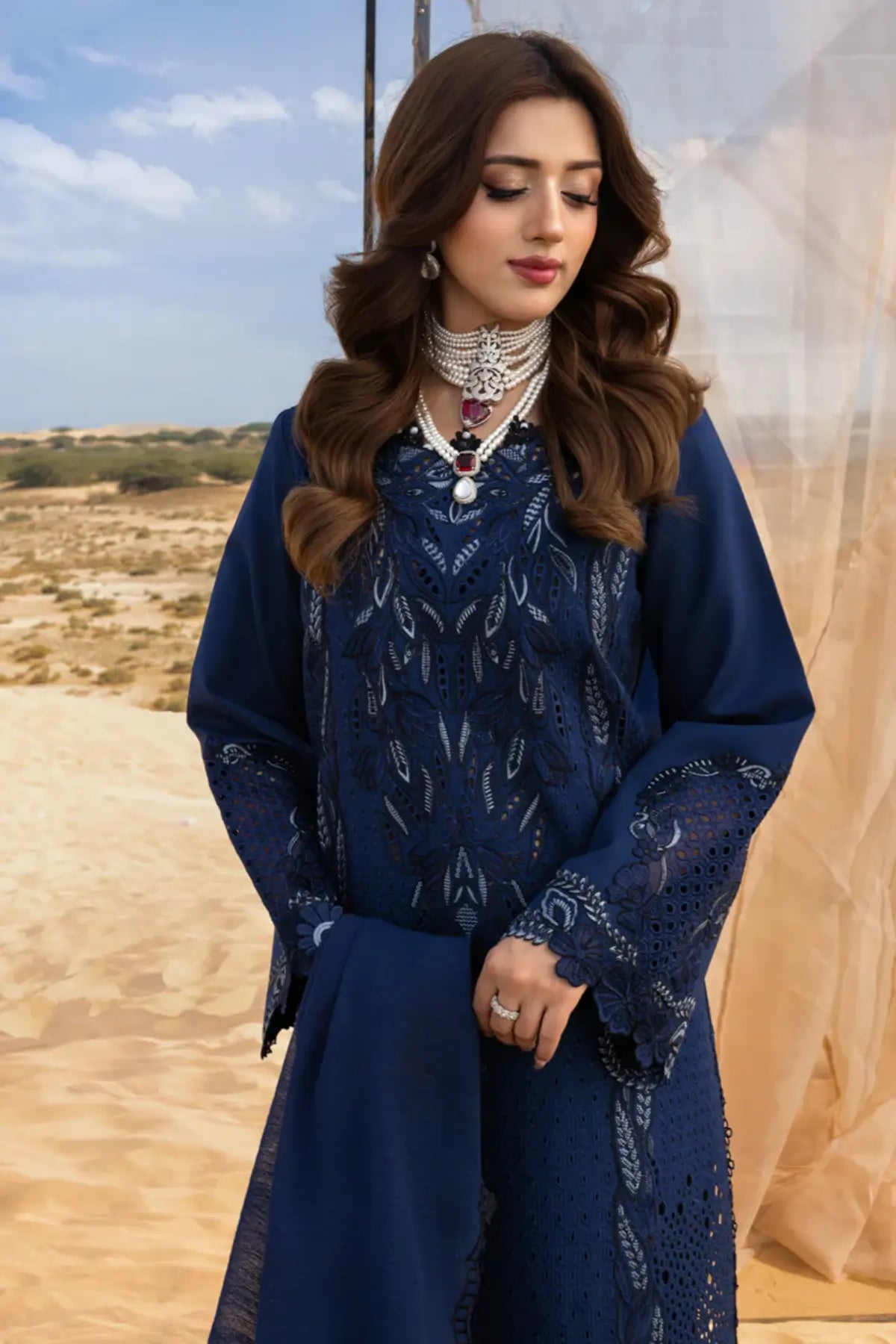 Midnight blue embroidered lawn outfit Natalia by Rang Rasiya stitched version Pakistanimoda