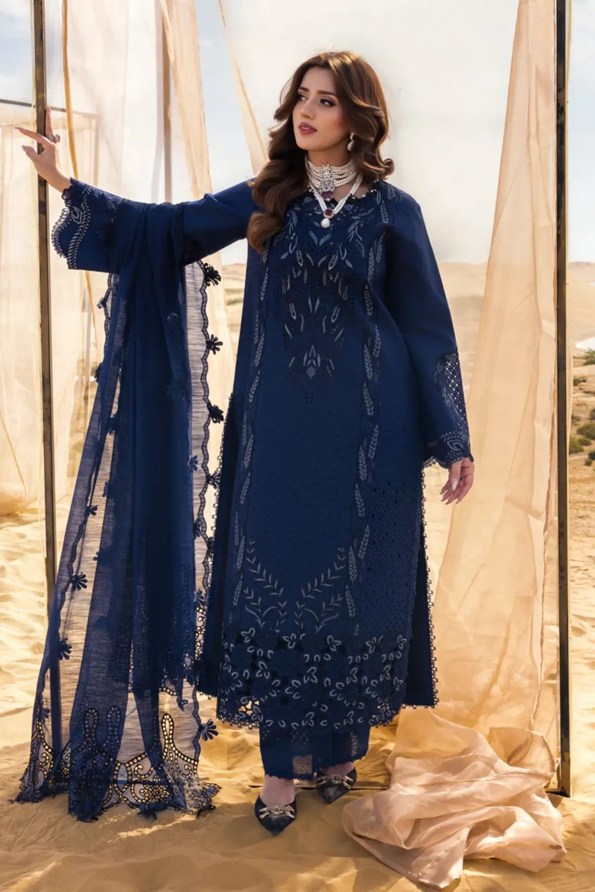Midnight blue embroidered lawn outfit Natalia by Rang Rasiya stitched version Pakistanimoda