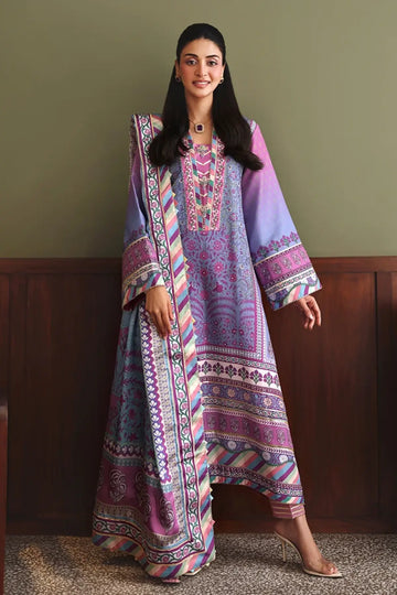 Naturally Me Nirvana Anmol Edit purple printed embellished raw silk Pakistani stitched 3PC suit with hand embellished neckline and printed silk dupatta