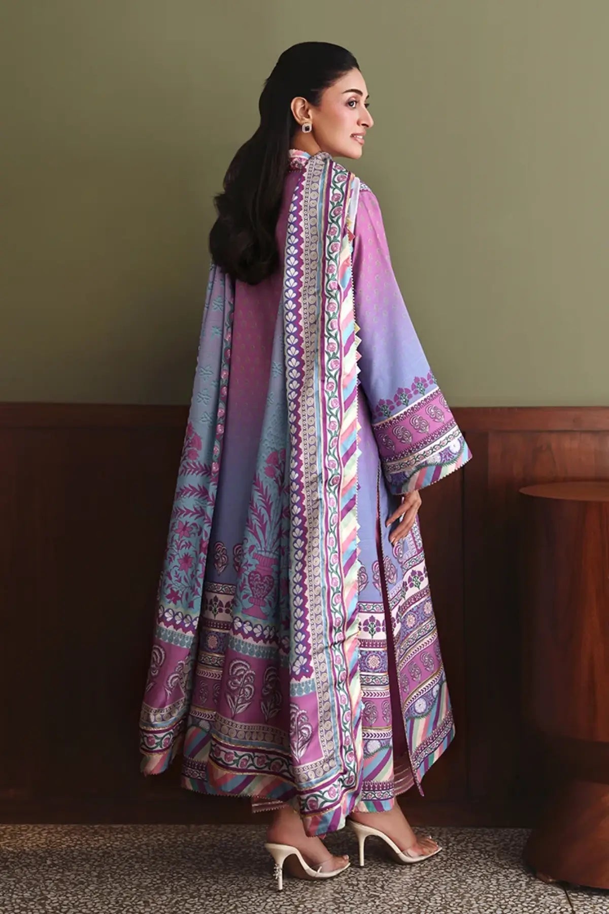 Naturally Me Nirvana Anmol Edit purple printed embellished raw silk Pakistani stitched 3PC suit with hand embellished neckline and printed silk dupatta