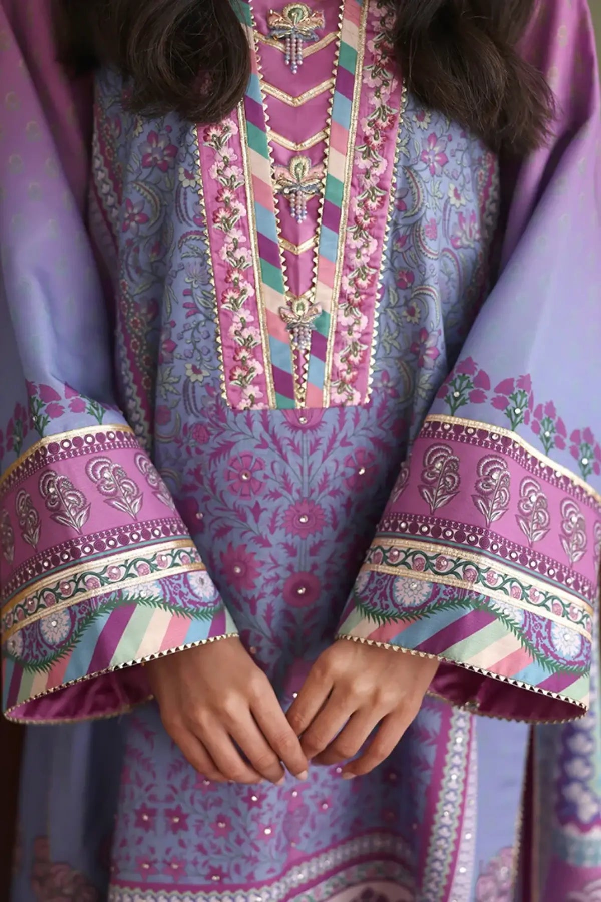 Naturally Me Nirvana Anmol Edit purple printed embellished raw silk Pakistani stitched 3PC suit with hand embellished neckline and printed silk dupatta