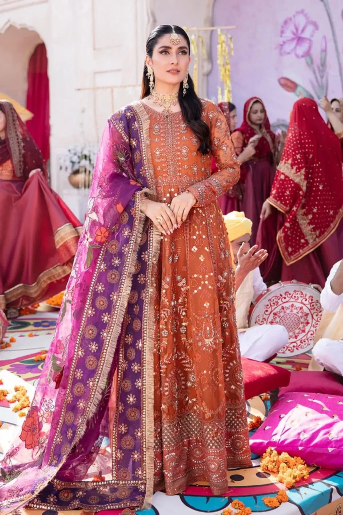 Naubahar Jhoomro rust hand embellished organza stitched 3PC suit with mirror work, raw silk trouser and embroidered organza dupatta