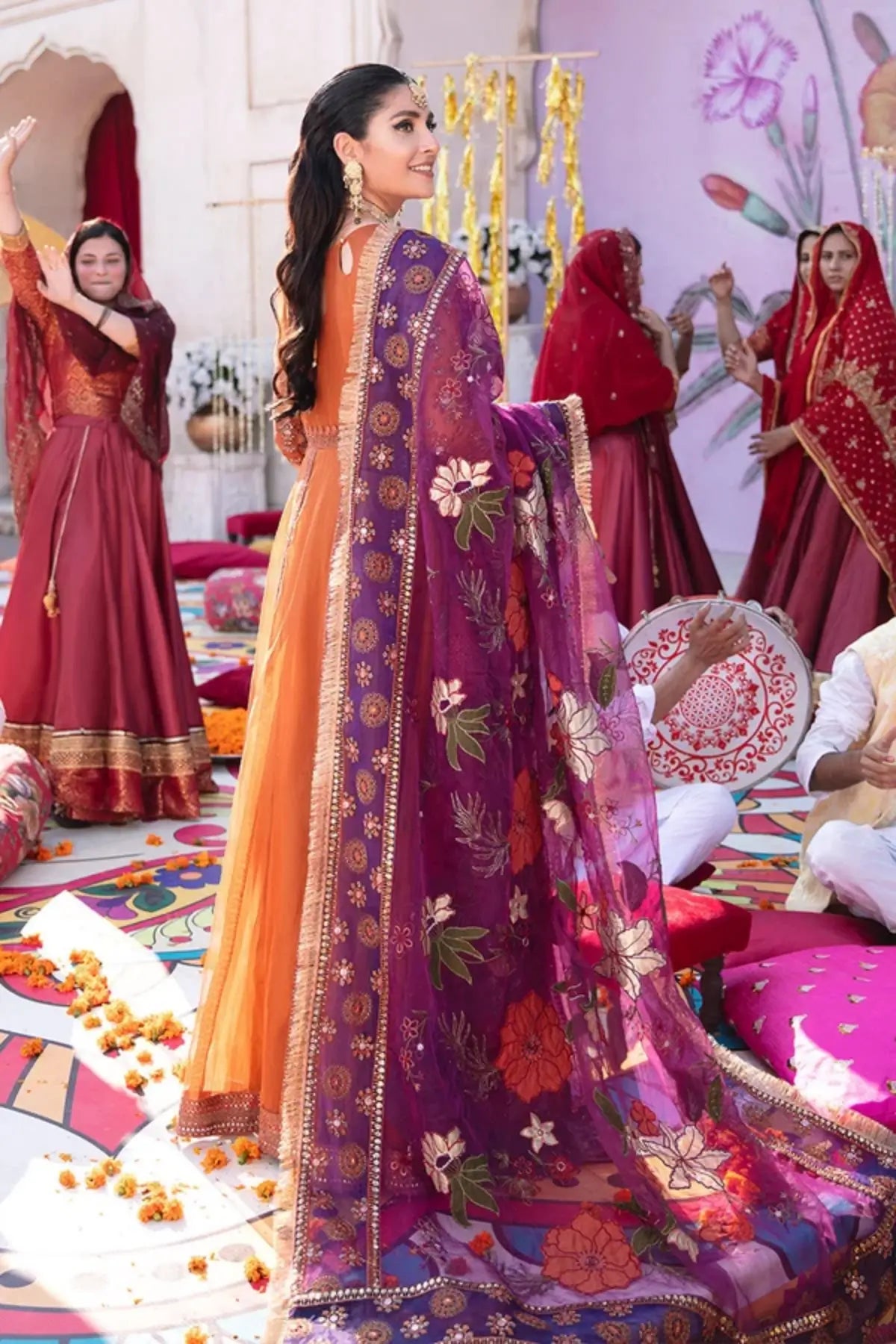 Naubahar Jhoomro rust hand embellished organza stitched 3PC suit with mirror work, raw silk trouser and embroidered organza dupatta