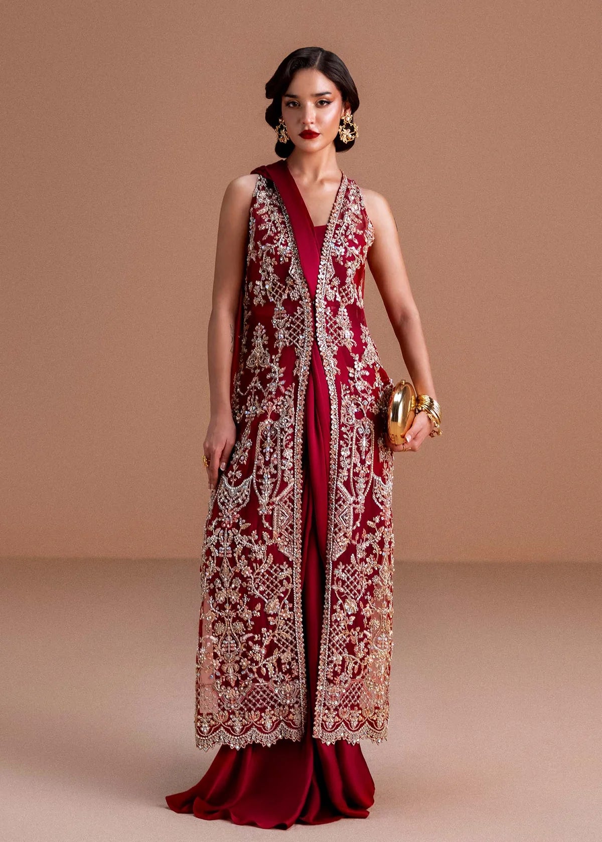 Naura by Kanwal Malik hand-embellished ruby red organza saree dress