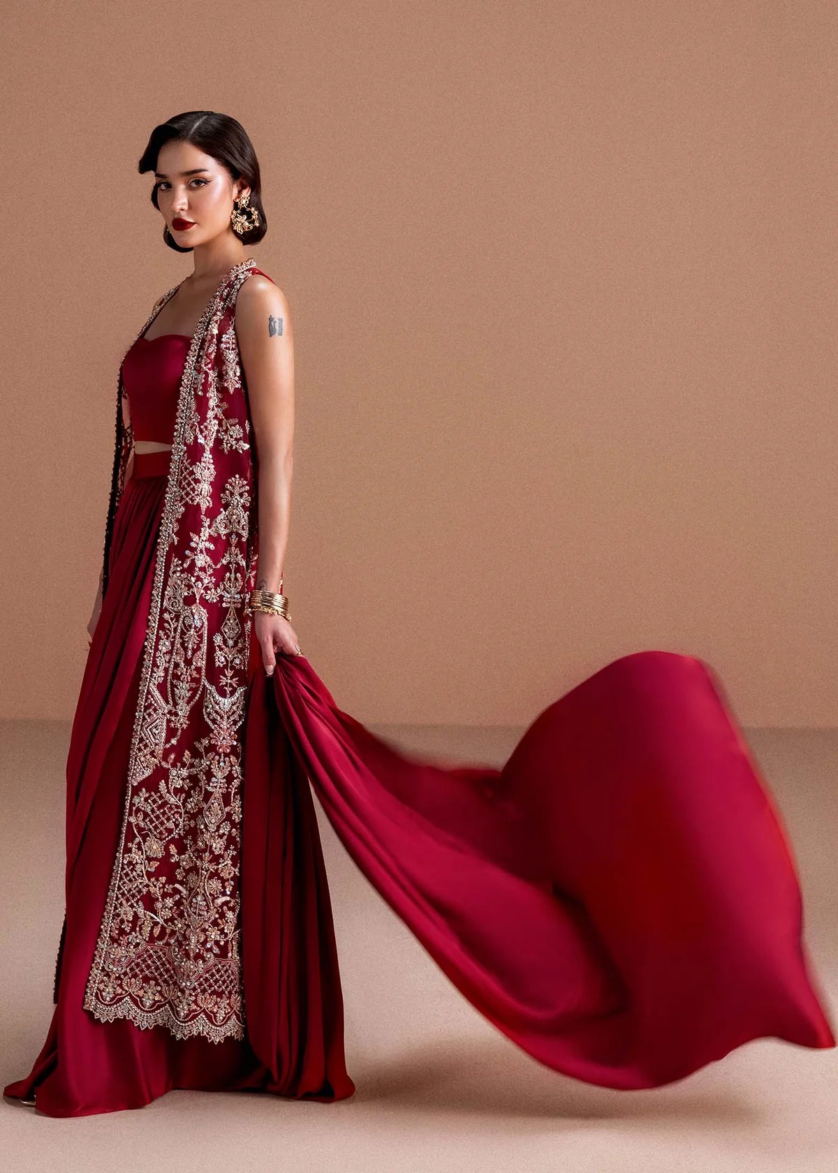Naura by Kanwal Malik hand-embellished ruby red organza saree dress