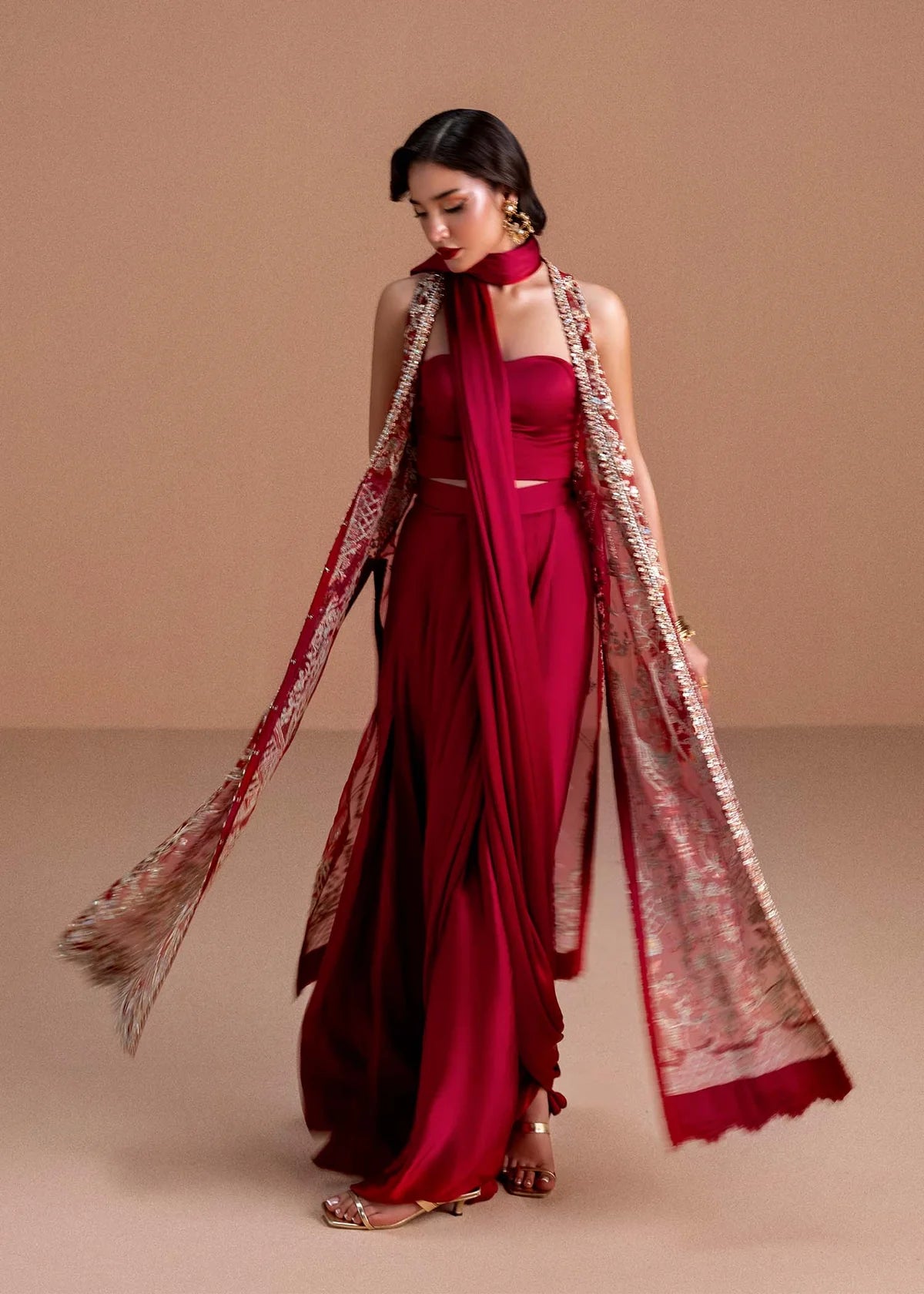 Naura by Kanwal Malik hand-embellished ruby red organza saree dress