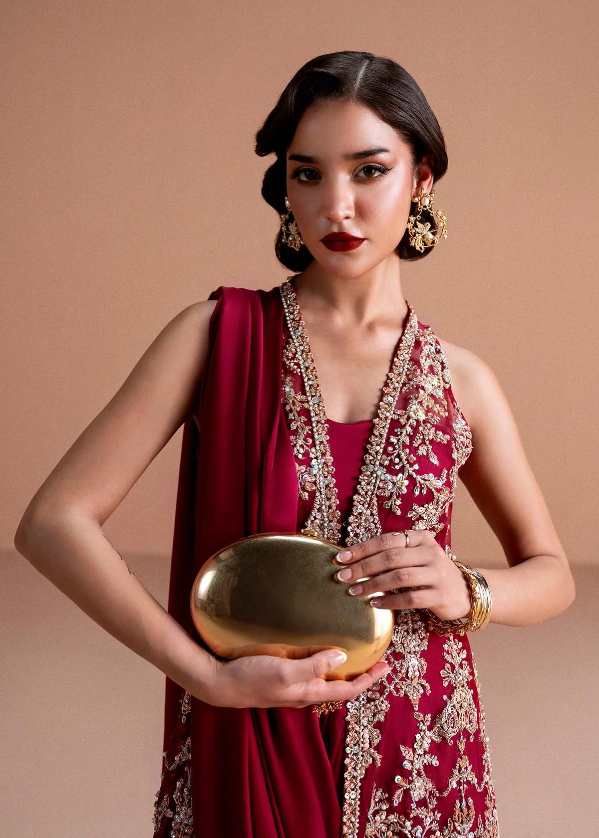 Naura by Kanwal Malik hand-embellished ruby red organza saree dress