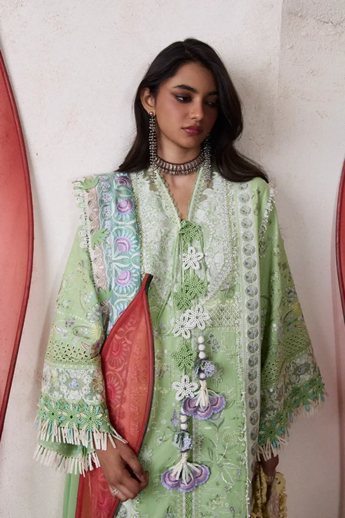 Naviel parrot green embroidered lawn stitched suit by Suffuse with chiffon dupatta
