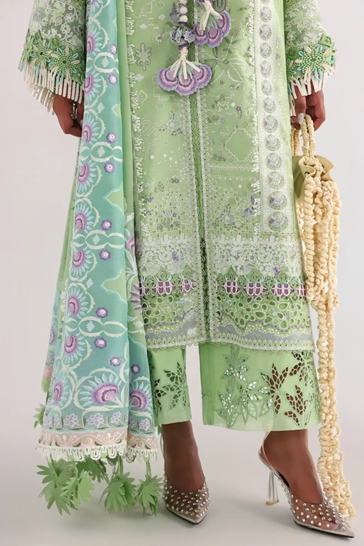 Naviel parrot green embroidered lawn stitched suit by Suffuse with chiffon dupatta