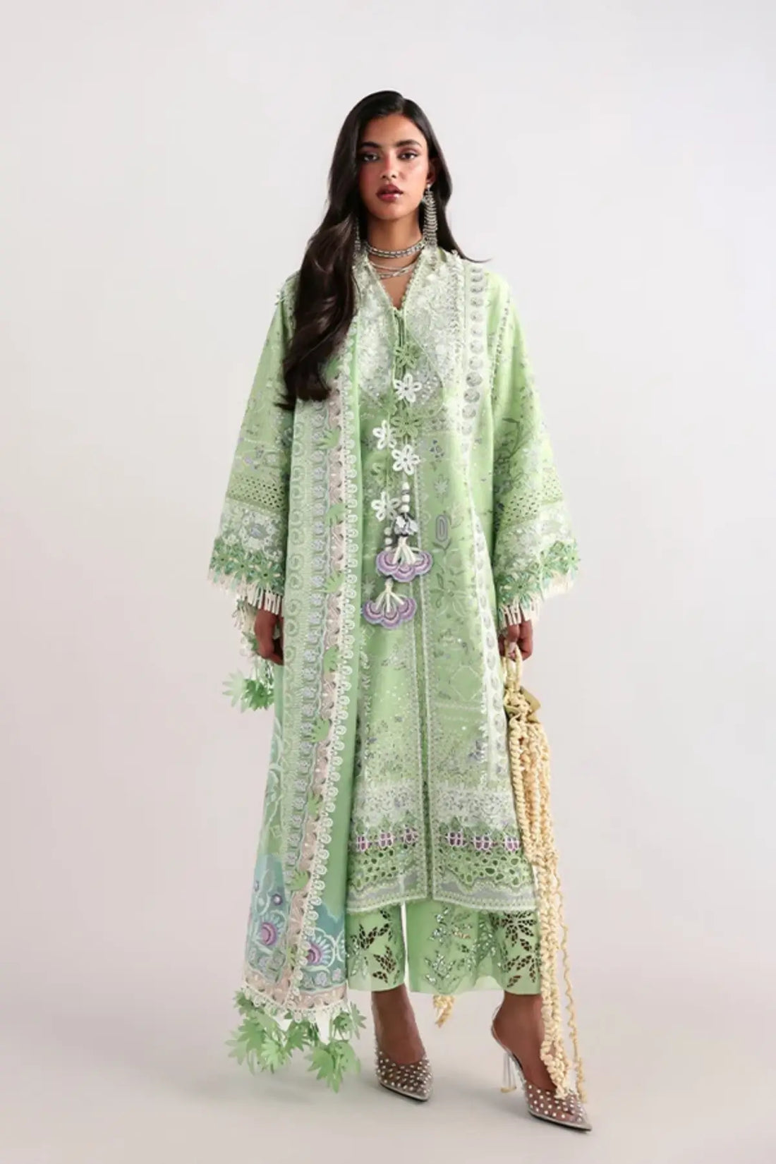 Naviel parrot green embroidered lawn stitched suit by Suffuse with chiffon dupatta