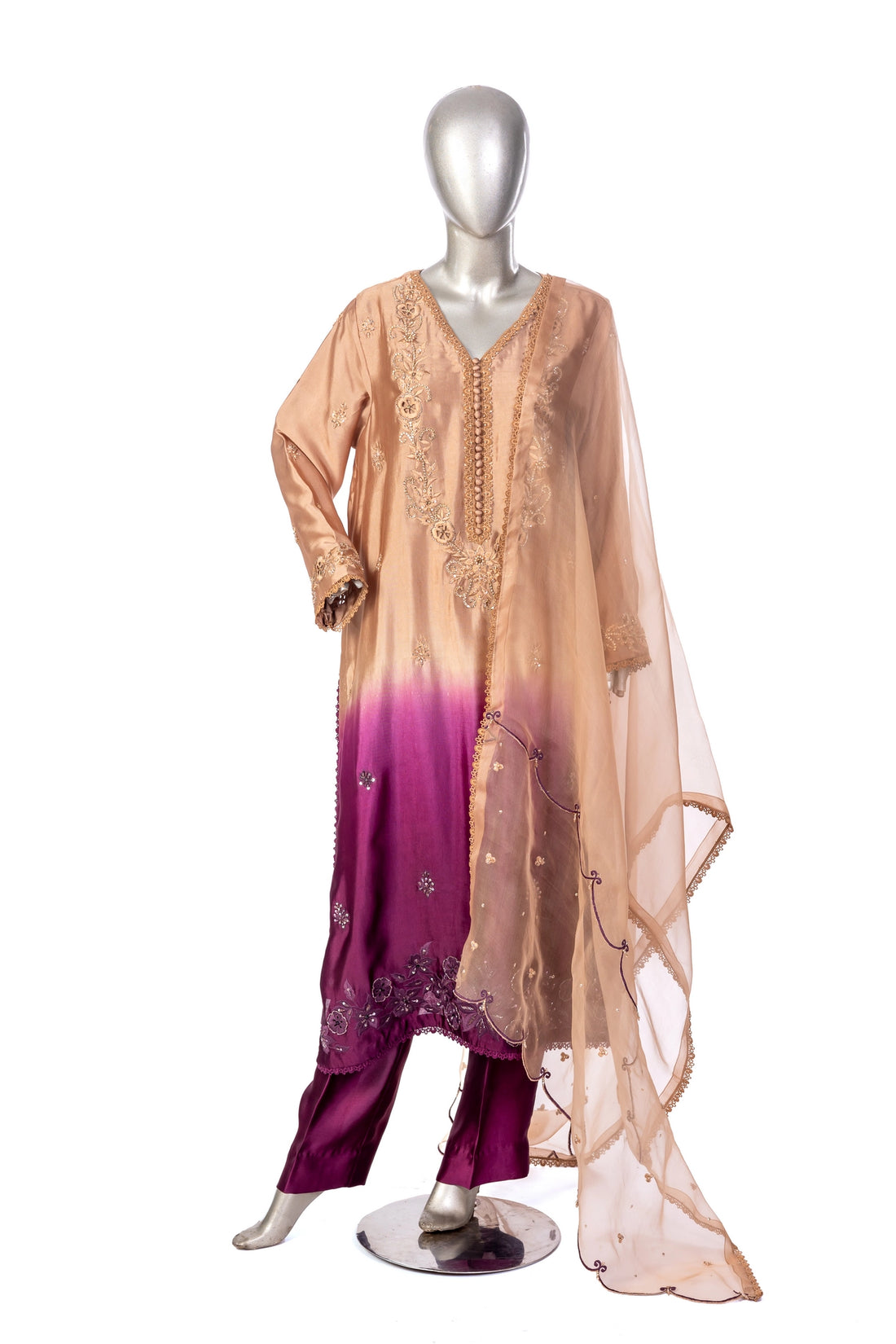 Nawal Gold & Plum Sheesha Silk Suit with straight pants & organza dupatta. Perfect festive, Eid & wedding wear by MariamRaj at Pakistanimoda.