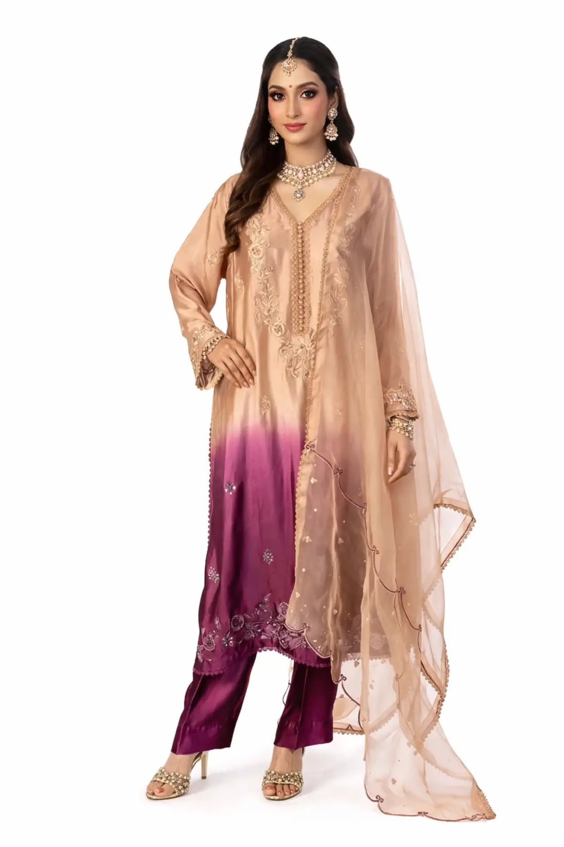 Nawal Gold & Plum Sheesha Silk Suit with straight pants & organza dupatta. Perfect festive, Eid & wedding wear by MariamRaj at Pakistanimoda.