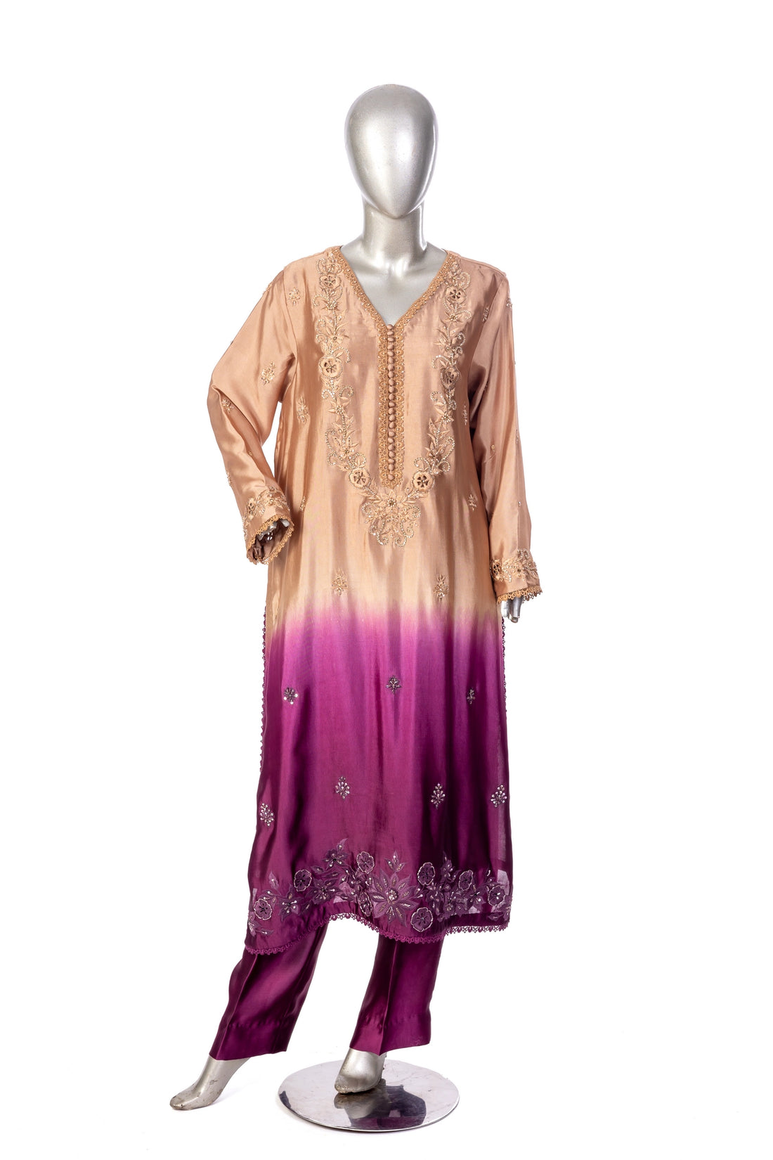 Nawal Gold & Plum Sheesha Silk Suit with straight pants & organza dupatta. Perfect festive, Eid & wedding wear by MariamRaj at Pakistanimoda.
