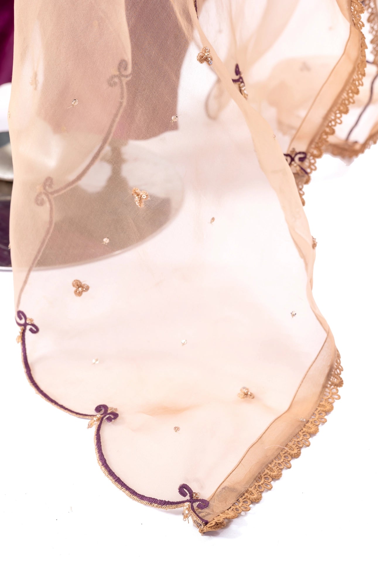 Nawal Gold & Plum Sheesha Silk Suit with straight pants & organza dupatta. Perfect festive, Eid & wedding wear by MariamRaj at Pakistanimoda.