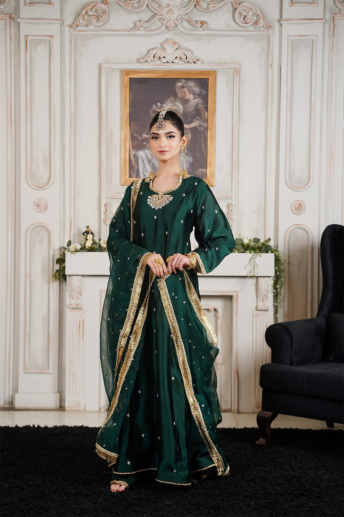 Nayab emerald green sheesha silk formal Anarkali with palazzo and organza dupatta by MariamRaj